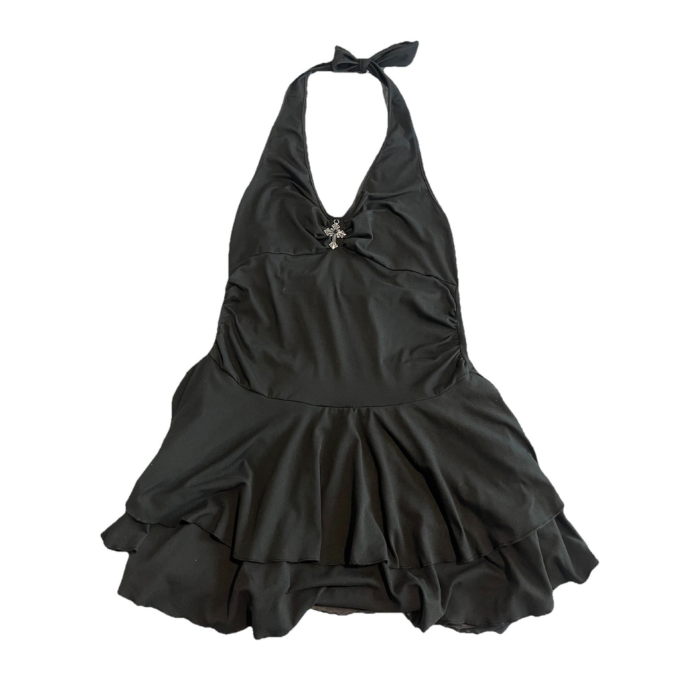Beaudrm Black Mini Dress XL Sleeveless Halter Tie Cross Pendant
